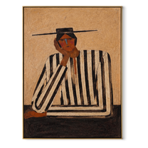 Black Lines Hold a Thought - Contemplative Stripe Figure painting by Adrian Lee, mid-century modern vertical wall art – wood frame on white background