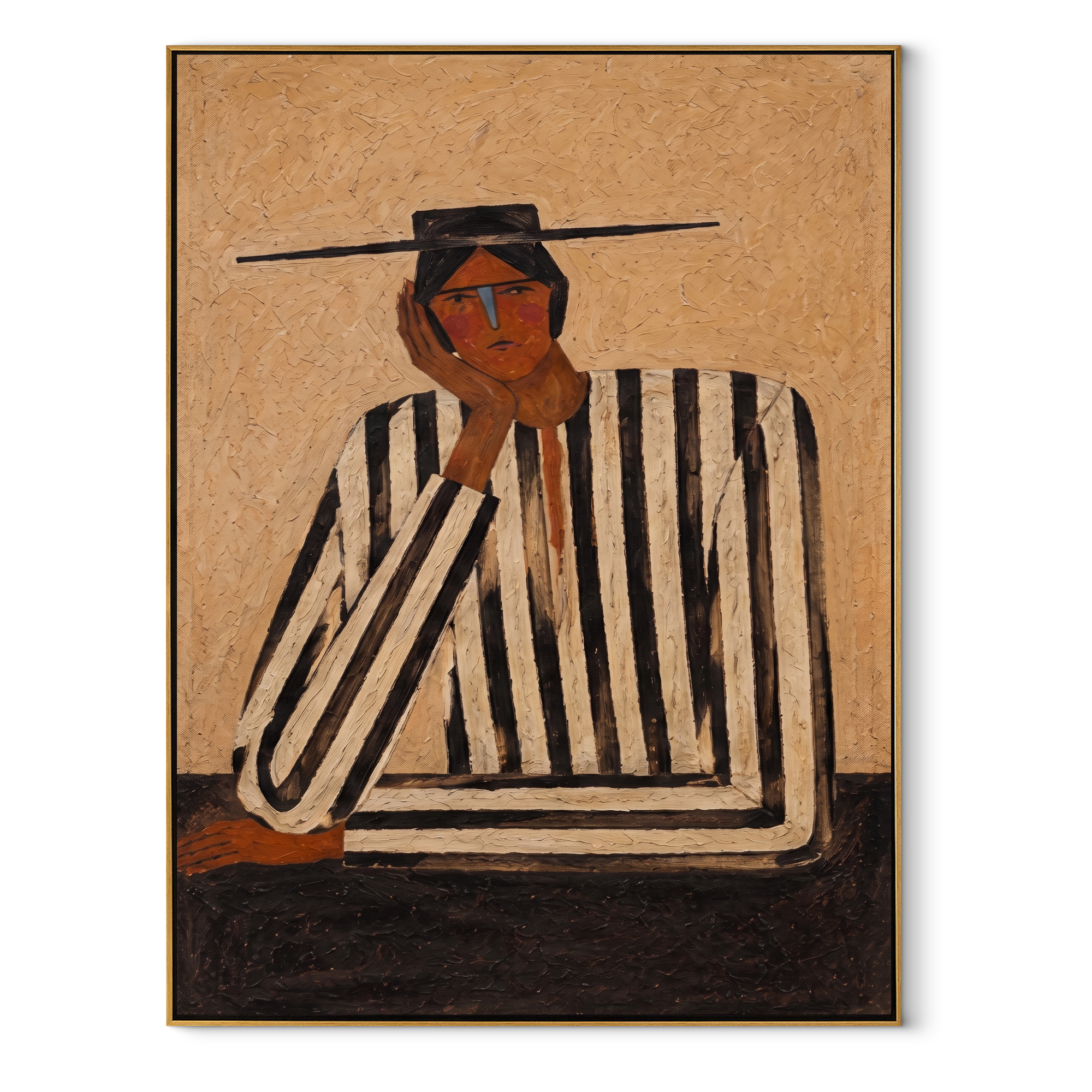 Black Lines Hold a Thought - Contemplative Stripe Figure painting by Adrian Lee, mid-century modern vertical wall art – wood frame on white background