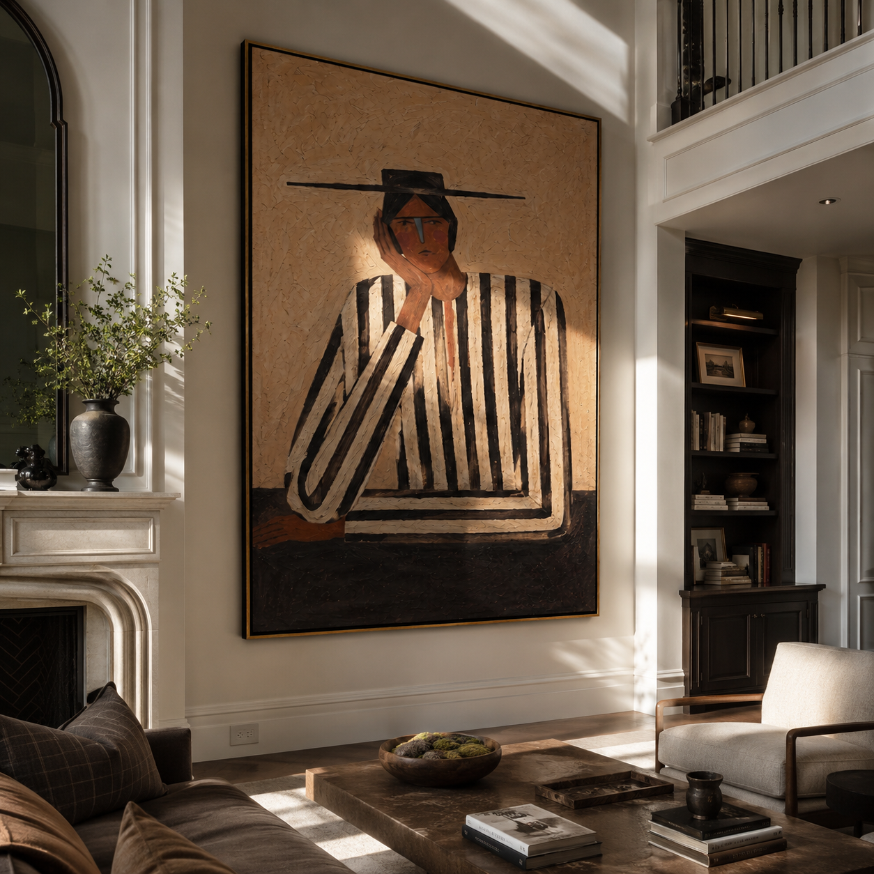 Black Lines Hold a Thought - Contemplative Stripe Figure painting by Adrian Lee, mid-century modern vertical wall art – styled room scene view 2