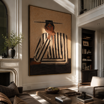 Black Lines Hold a Thought - Contemplative Stripe Figure painting by Adrian Lee, mid-century modern vertical wall art – styled room scene view 2