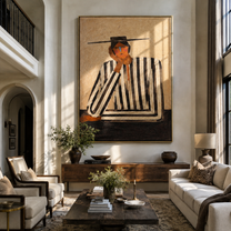 Black Lines Hold a Thought - Contemplative Stripe Figure painting by Adrian Lee, mid-century modern vertical wall art – styled room scene view 3