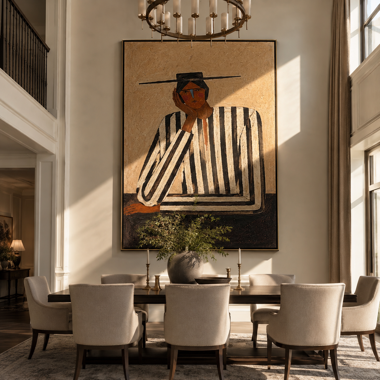 Black Lines Hold a Thought - Contemplative Stripe Figure painting by Adrian Lee, mid-century modern vertical wall art – styled room scene view 4
