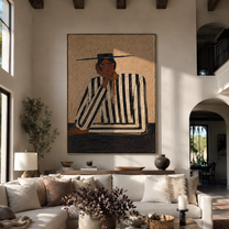 Black Lines Hold a Thought - Contemplative Stripe Figure painting by Adrian Lee, mid-century modern vertical wall art – styled room scene view 5