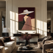 White Brim Turns toward Burgundy - Profile White Hat Figure painting by Adrian Lee, mid-century modern vertical wall art – styled room scene view 1