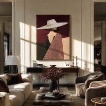 White Brim Turns toward Burgundy - Profile White Hat Figure painting by Adrian Lee, mid-century modern vertical wall art – styled room scene view 1