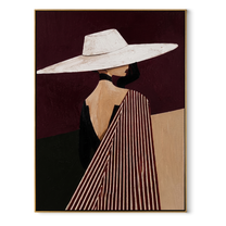 White Brim Turns toward Burgundy - Profile White Hat Figure painting by Adrian Lee, mid-century modern vertical wall art – wood frame on white background