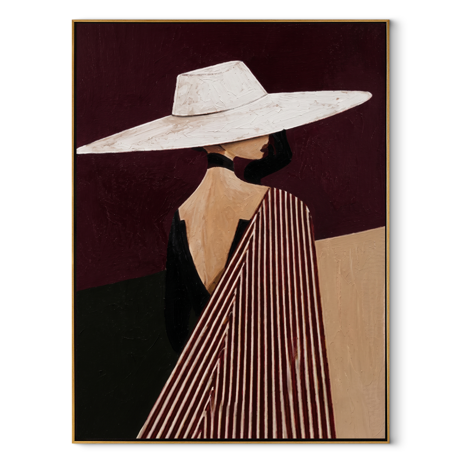 White Brim Turns toward Burgundy - Profile White Hat Figure painting by Adrian Lee, mid-century modern vertical wall art – wood frame on white background