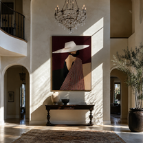 White Brim Turns toward Burgundy - Profile White Hat Figure painting by Adrian Lee, mid-century modern vertical wall art – styled room scene view 2