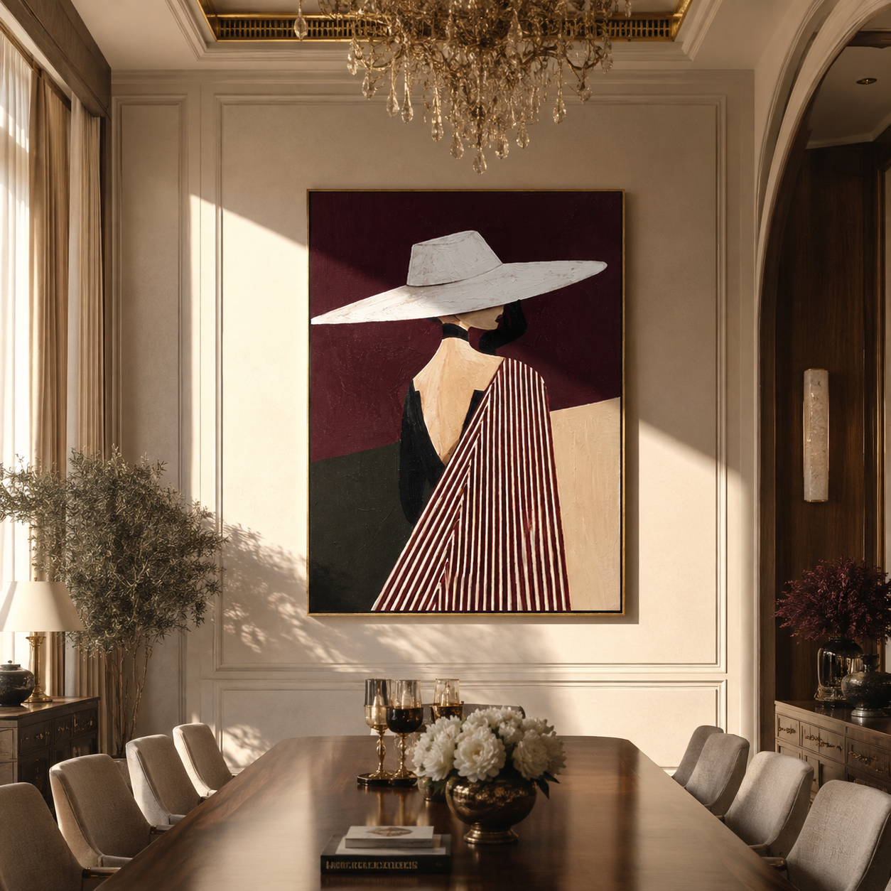 White Brim Turns toward Burgundy - Profile White Hat Figure painting by Adrian Lee, mid-century modern vertical wall art – styled room scene view 3