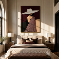 White Brim Turns toward Burgundy - Profile White Hat Figure painting by Adrian Lee, mid-century modern vertical wall art – styled room scene view 4