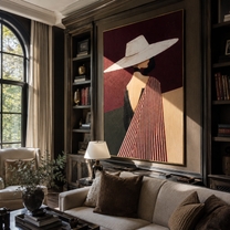 White Brim Turns toward Burgundy - Profile White Hat Figure painting by Adrian Lee, mid-century modern vertical wall art – styled room scene view 5