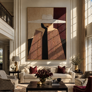 White Brim Divides the Room - White Hat Stripe Woman painting by Adrian Lee, mid-century modern vertical wall art – styled room scene view 1
