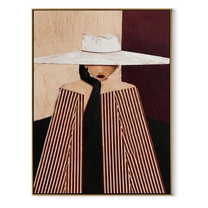 White Brim Divides the Room - White Hat Stripe Woman painting by Adrian Lee, mid-century modern vertical wall art – wood frame on white background