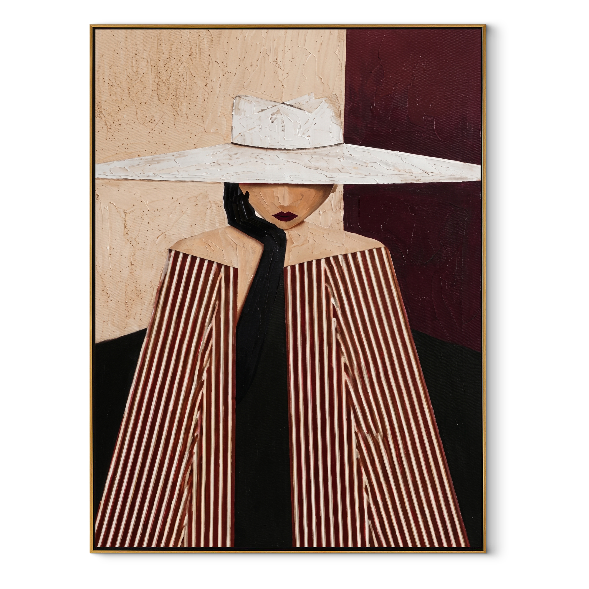 White Brim Divides the Room - White Hat Stripe Woman painting by Adrian Lee, mid-century modern vertical wall art – wood frame on white background