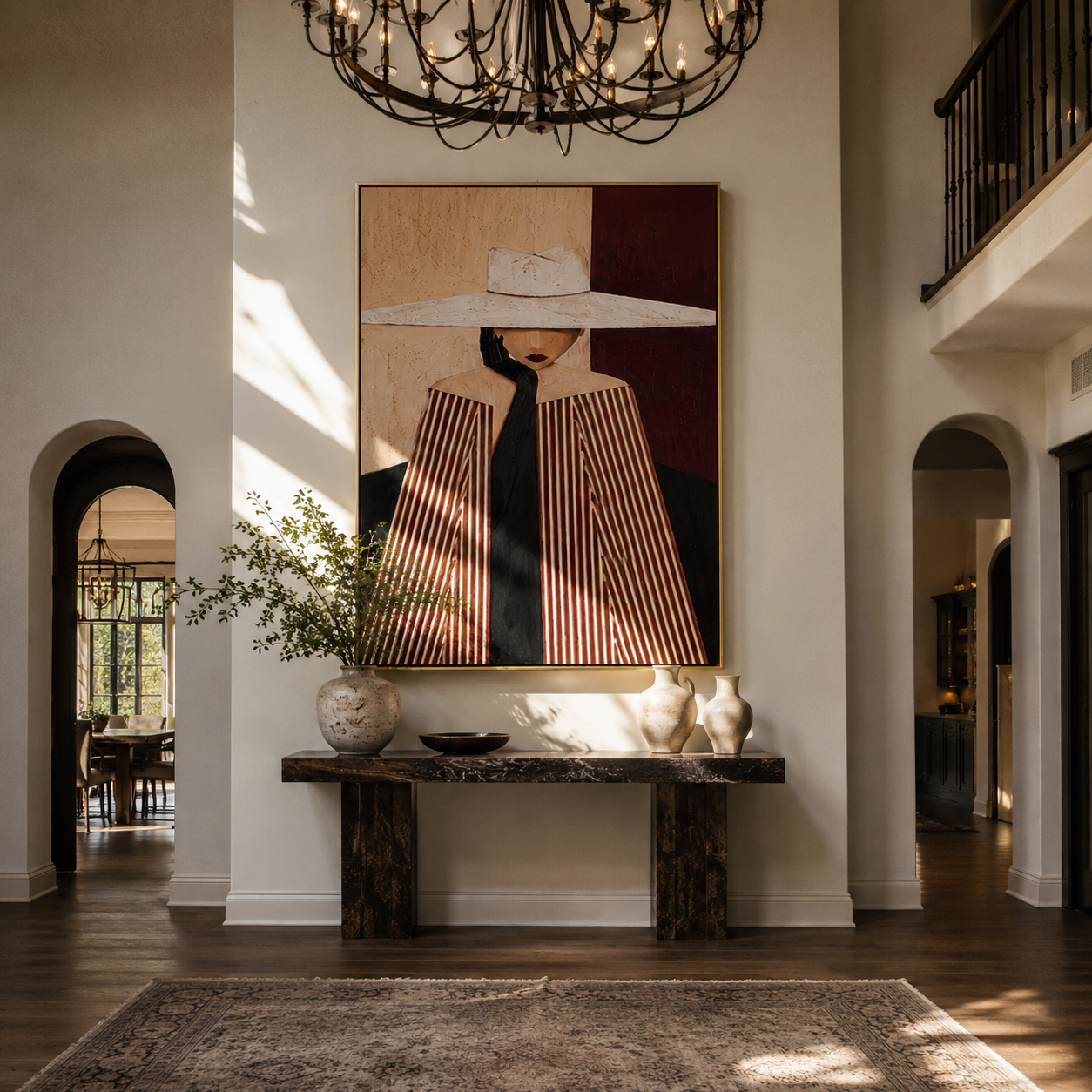 White Brim Divides the Room - White Hat Stripe Woman painting by Adrian Lee, mid-century modern vertical wall art – styled room scene view 2
