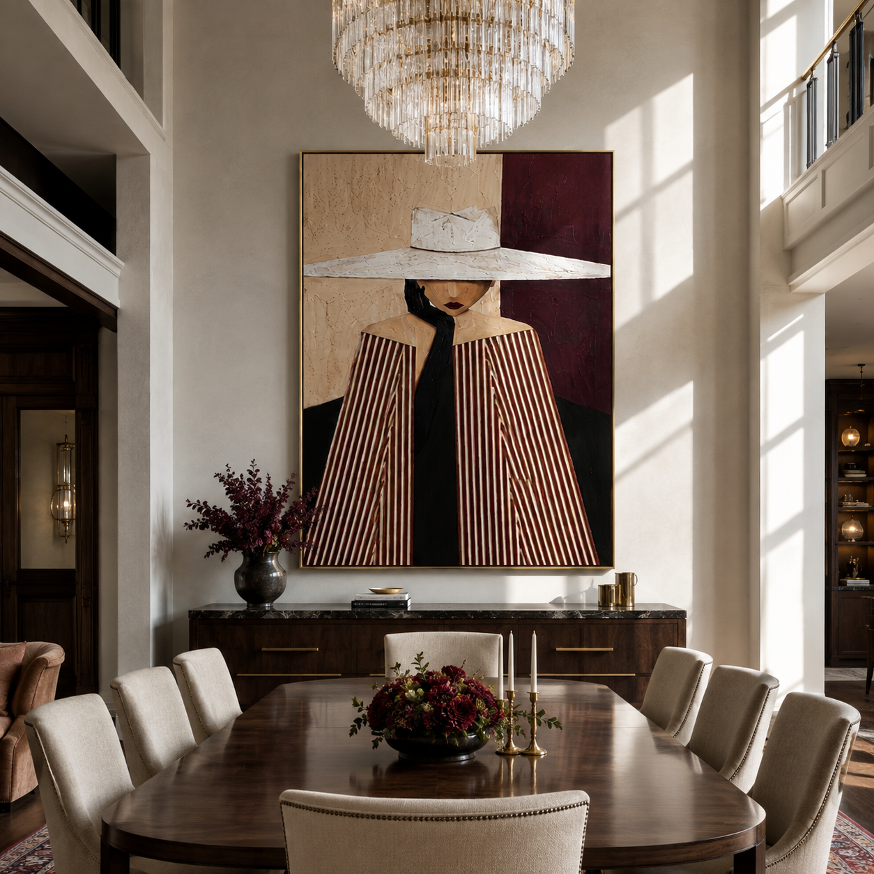White Brim Divides the Room - White Hat Stripe Woman painting by Adrian Lee, mid-century modern vertical wall art – styled room scene view 3