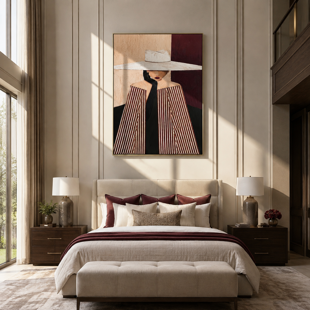 White Brim Divides the Room - White Hat Stripe Woman painting by Adrian Lee, mid-century modern vertical wall art – styled room scene view 4