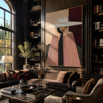 White Brim Divides the Room - White Hat Stripe Woman painting by Adrian Lee, mid-century modern vertical wall art – styled room scene view 5