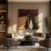 Black Horizon Holds the Glass - Black Hat Wine Figure painting by Adrian Lee, mid-century modern square wall art – styled room scene view 1