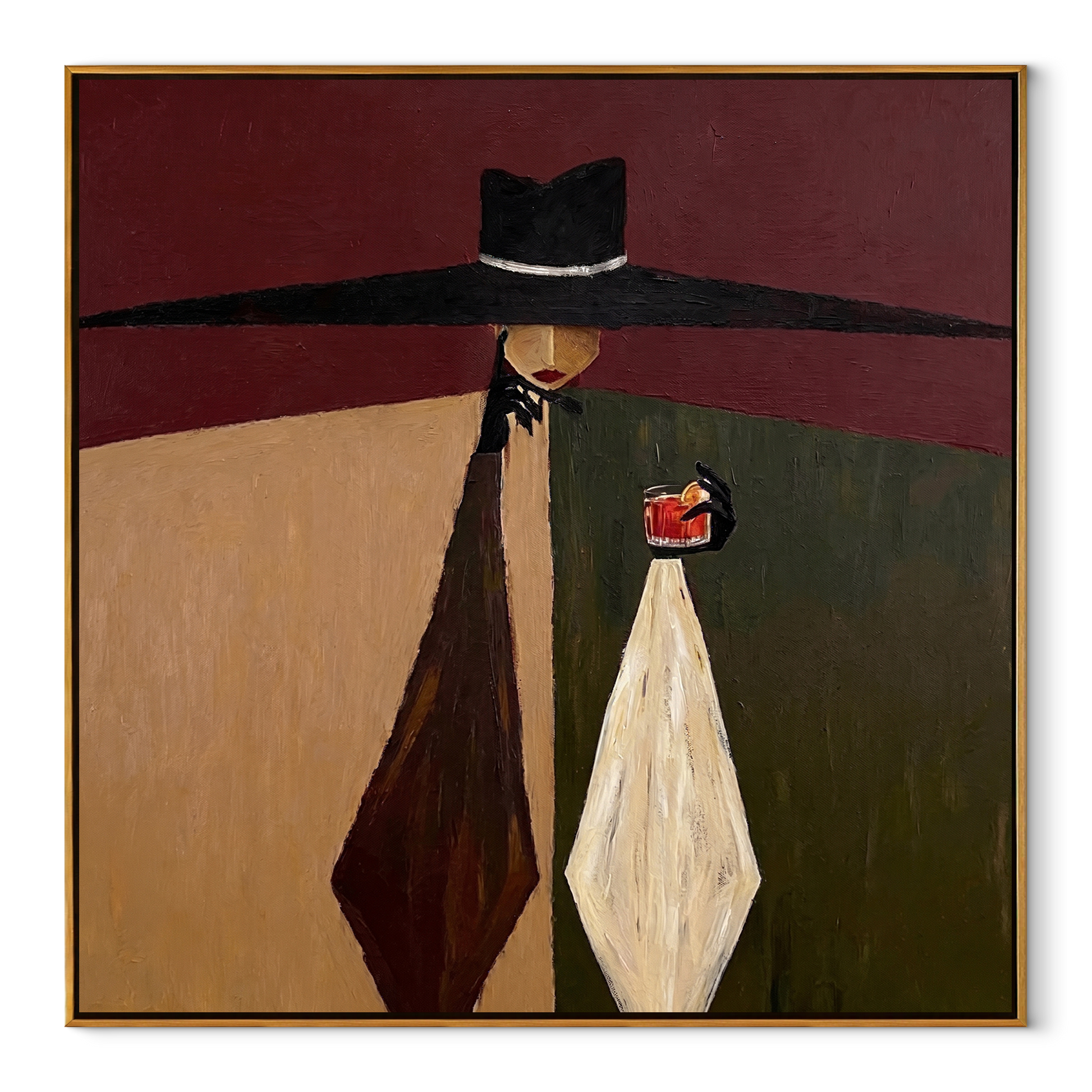 Black Horizon Holds the Glass - Black Hat Wine Figure painting by Adrian Lee, mid-century modern square wall art – wood frame on white background
