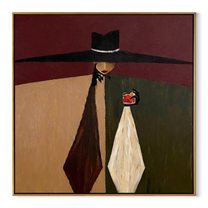 Black Horizon Holds the Glass - Black Hat Wine Figure painting by Adrian Lee, mid-century modern square wall art – wood frame on white background