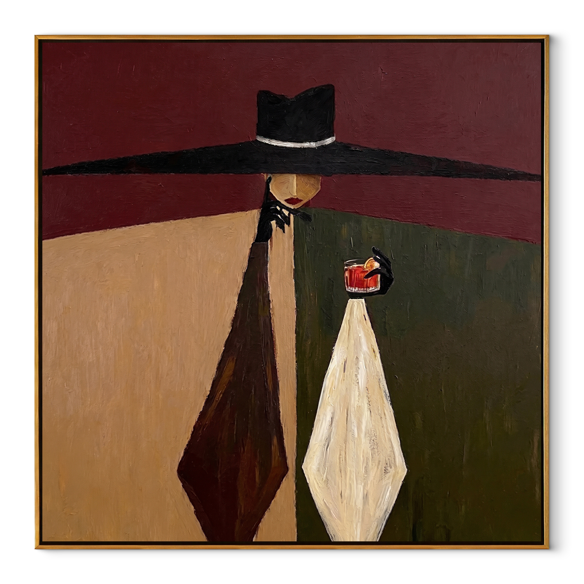 Black Horizon Holds the Glass - Black Hat Wine Figure painting by Adrian Lee, mid-century modern square wall art – wood frame on white background
