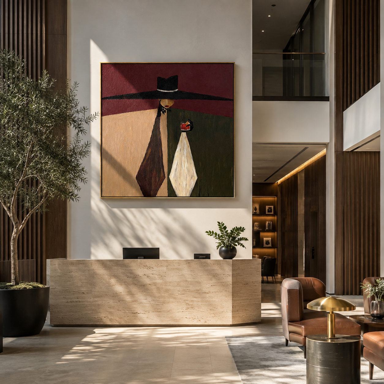Black Horizon Holds the Glass - Black Hat Wine Figure painting by Adrian Lee, mid-century modern square wall art – styled room scene view 2