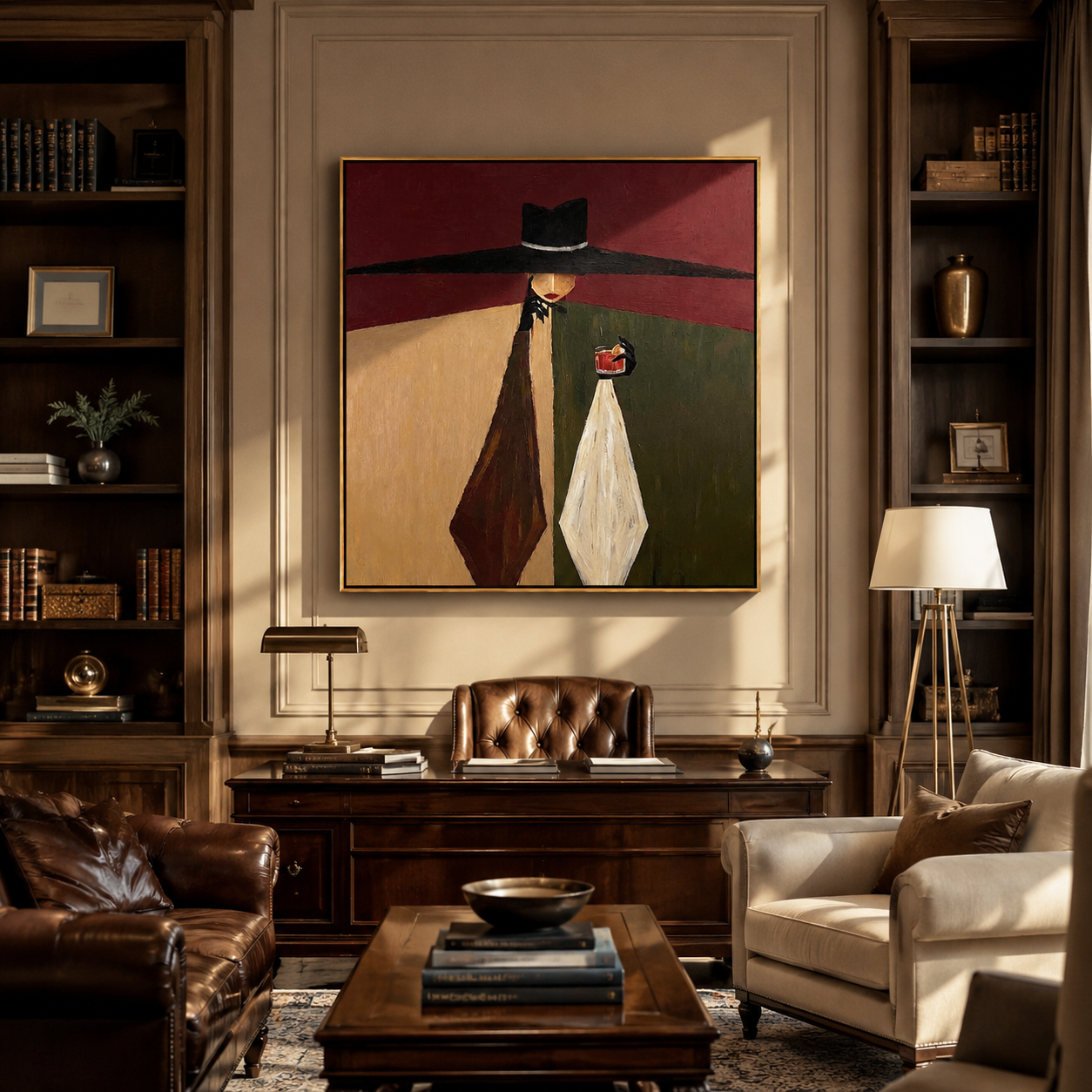 Black Horizon Holds the Glass - Black Hat Wine Figure painting by Adrian Lee, mid-century modern square wall art – styled room scene view 3