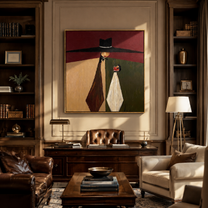 Black Horizon Holds the Glass - Black Hat Wine Figure painting by Adrian Lee, mid-century modern square wall art – styled room scene view 3