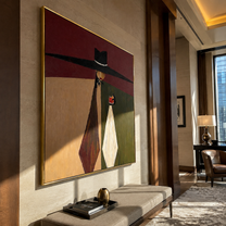 Black Horizon Holds the Glass - Black Hat Wine Figure painting by Adrian Lee, mid-century modern square wall art – styled room scene view 4