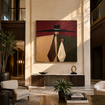 Black Horizon Holds the Glass - Black Hat Wine Figure painting by Adrian Lee, mid-century modern square wall art – styled room scene view 5