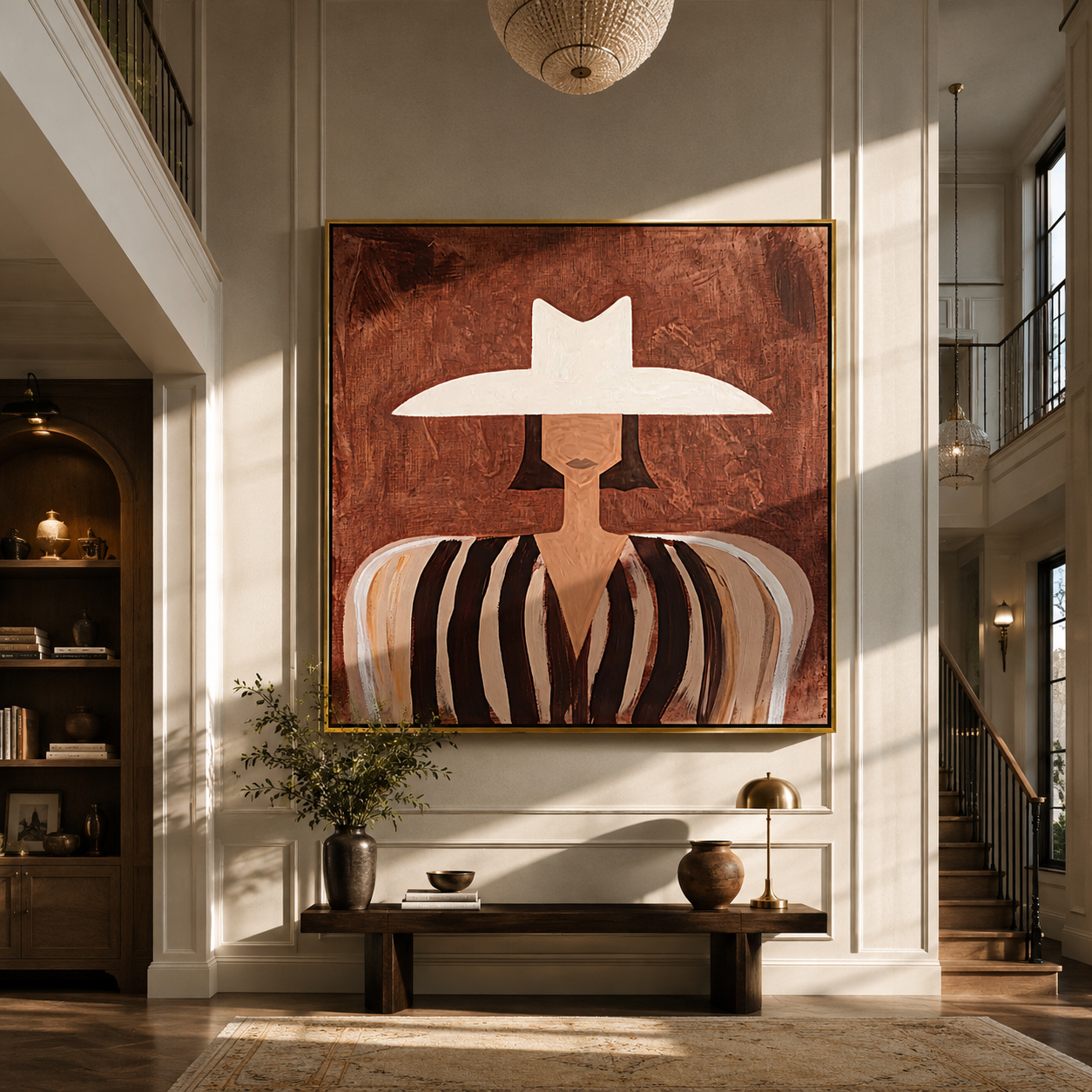 White Brim Floats over Cocoa - White Hat Brown Stripe Figure painting by Adrian Lee, mid-century modern square wall art – styled room scene view 1