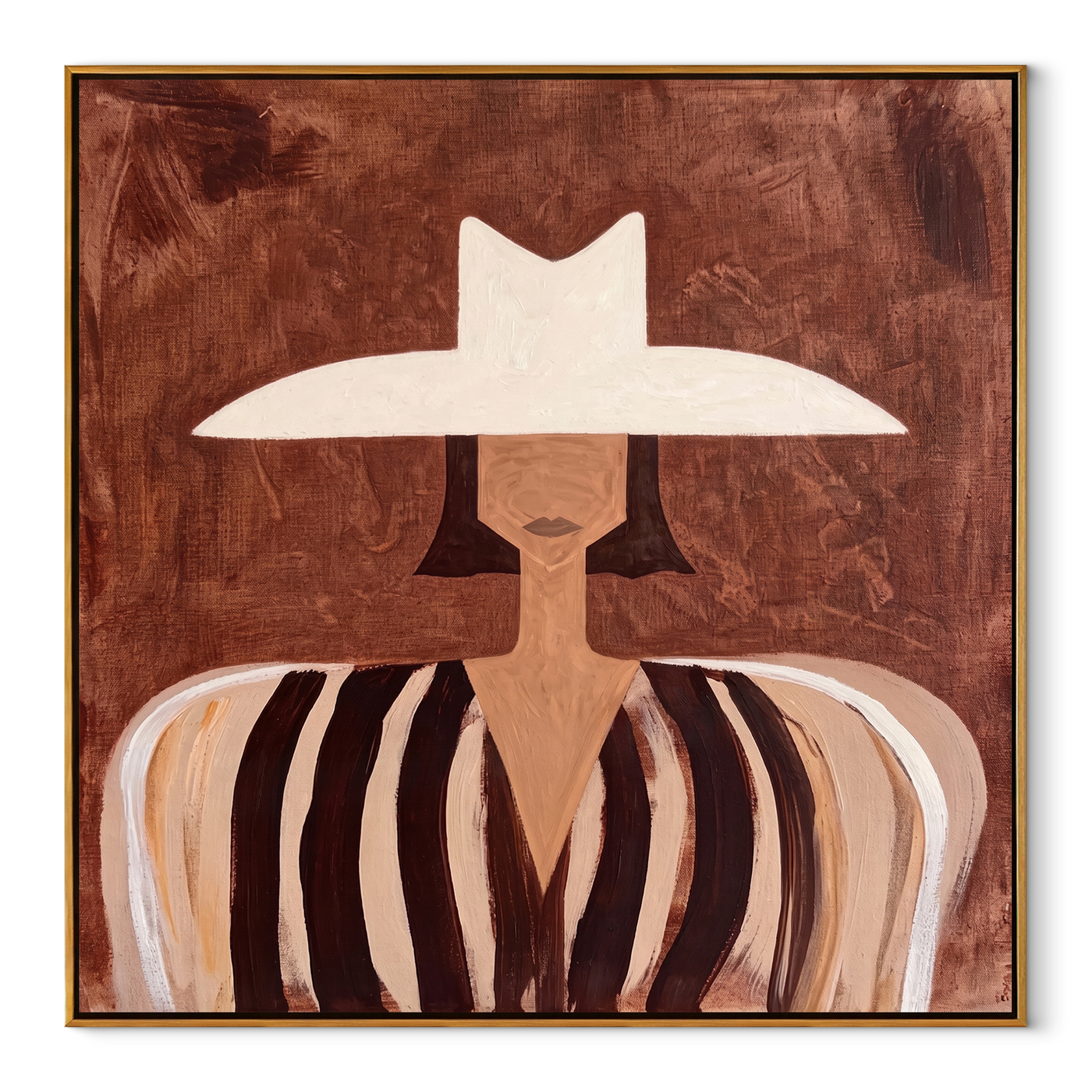 White Brim Floats over Cocoa - White Hat Brown Stripe Figure painting by Adrian Lee, mid-century modern square wall art – wood frame on white background