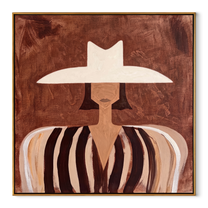 White Brim Floats over Cocoa - White Hat Brown Stripe Figure painting by Adrian Lee, mid-century modern square wall art – wood frame on white background