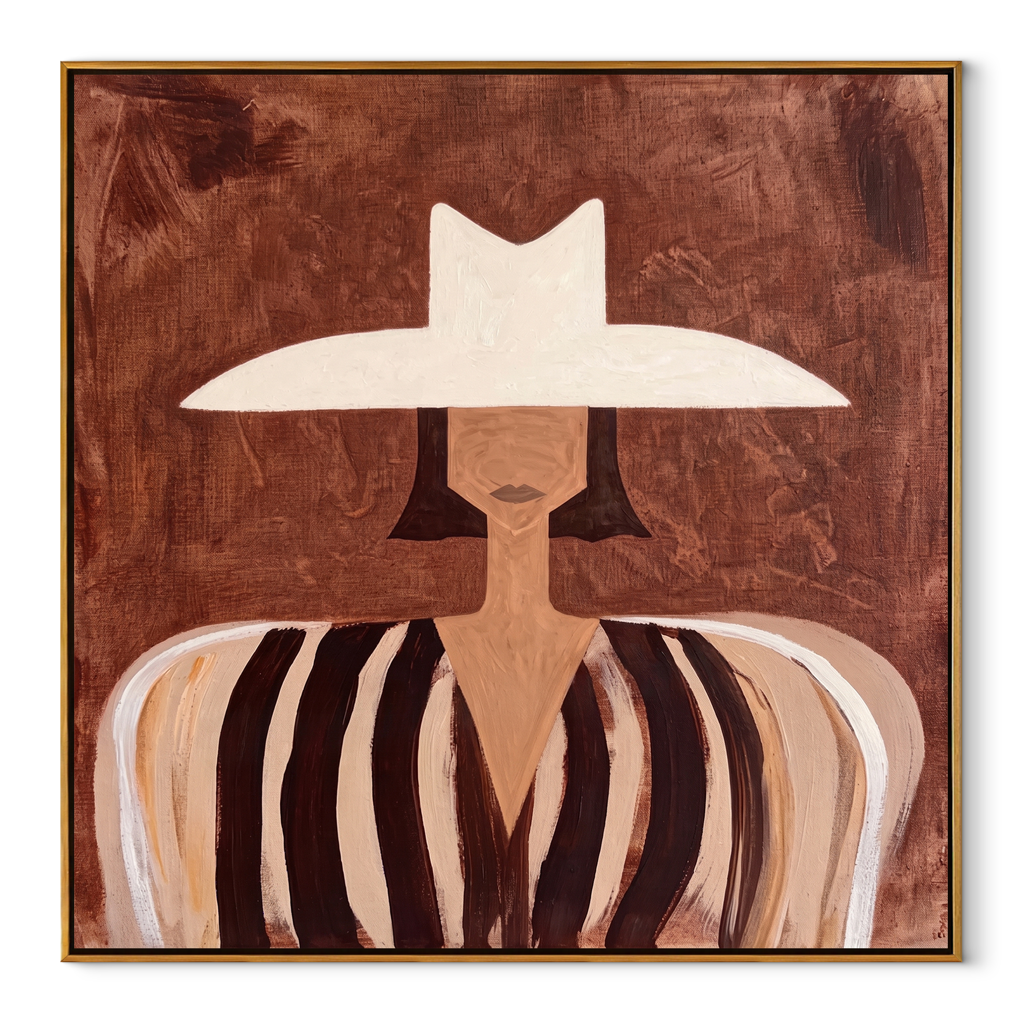 White Brim Floats over Cocoa - White Hat Brown Stripe Figure painting by Adrian Lee, mid-century modern square wall art – wood frame on white background