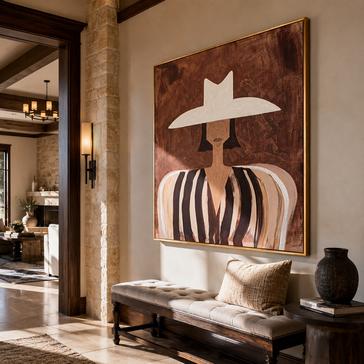 White Brim Floats over Cocoa - White Hat Brown Stripe Figure painting by Adrian Lee, mid-century modern square wall art – styled room scene view 2
