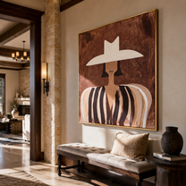 White Brim Floats over Cocoa - White Hat Brown Stripe Figure painting by Adrian Lee, mid-century modern square wall art – styled room scene view 2
