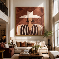 White Brim Floats over Cocoa - White Hat Brown Stripe Figure painting by Adrian Lee, mid-century modern square wall art – styled room scene view 3
