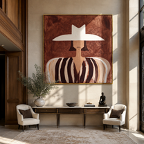 White Brim Floats over Cocoa - White Hat Brown Stripe Figure painting by Adrian Lee, mid-century modern square wall art – styled room scene view 4