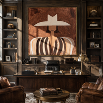 White Brim Floats over Cocoa - White Hat Brown Stripe Figure painting by Adrian Lee, mid-century modern square wall art – styled room scene view 5
