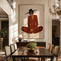 Rust Stillness Sits in White - Cross Legged Rust Figure painting by Adrian Lee, mid-century modern vertical wall art – styled room scene view 1