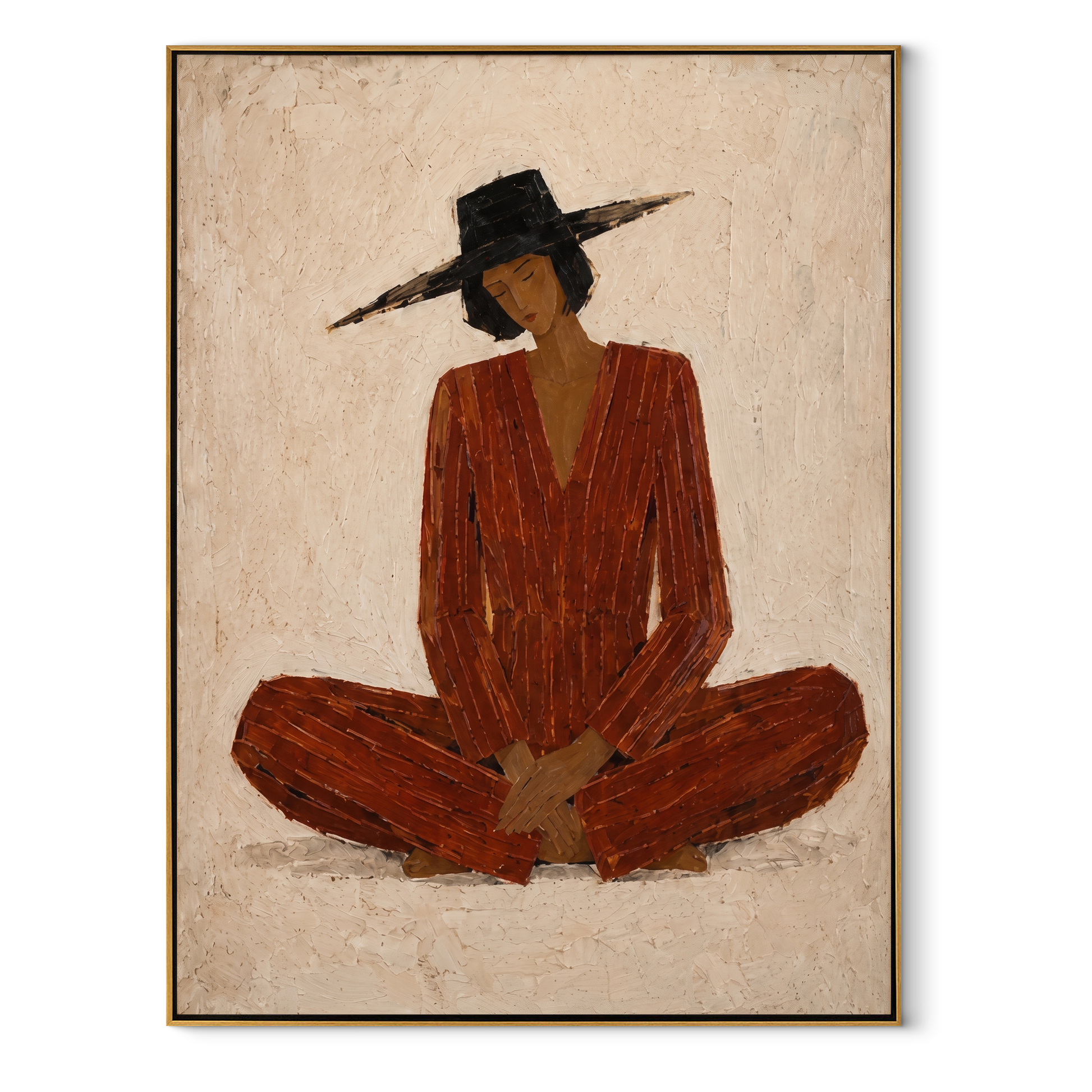 Rust Stillness Sits in White - Cross Legged Rust Figure painting by Adrian Lee, mid-century modern vertical wall art – wood frame on white background
