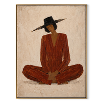 Rust Stillness Sits in White - Cross Legged Rust Figure painting by Adrian Lee, mid-century modern vertical wall art – wood frame on white background