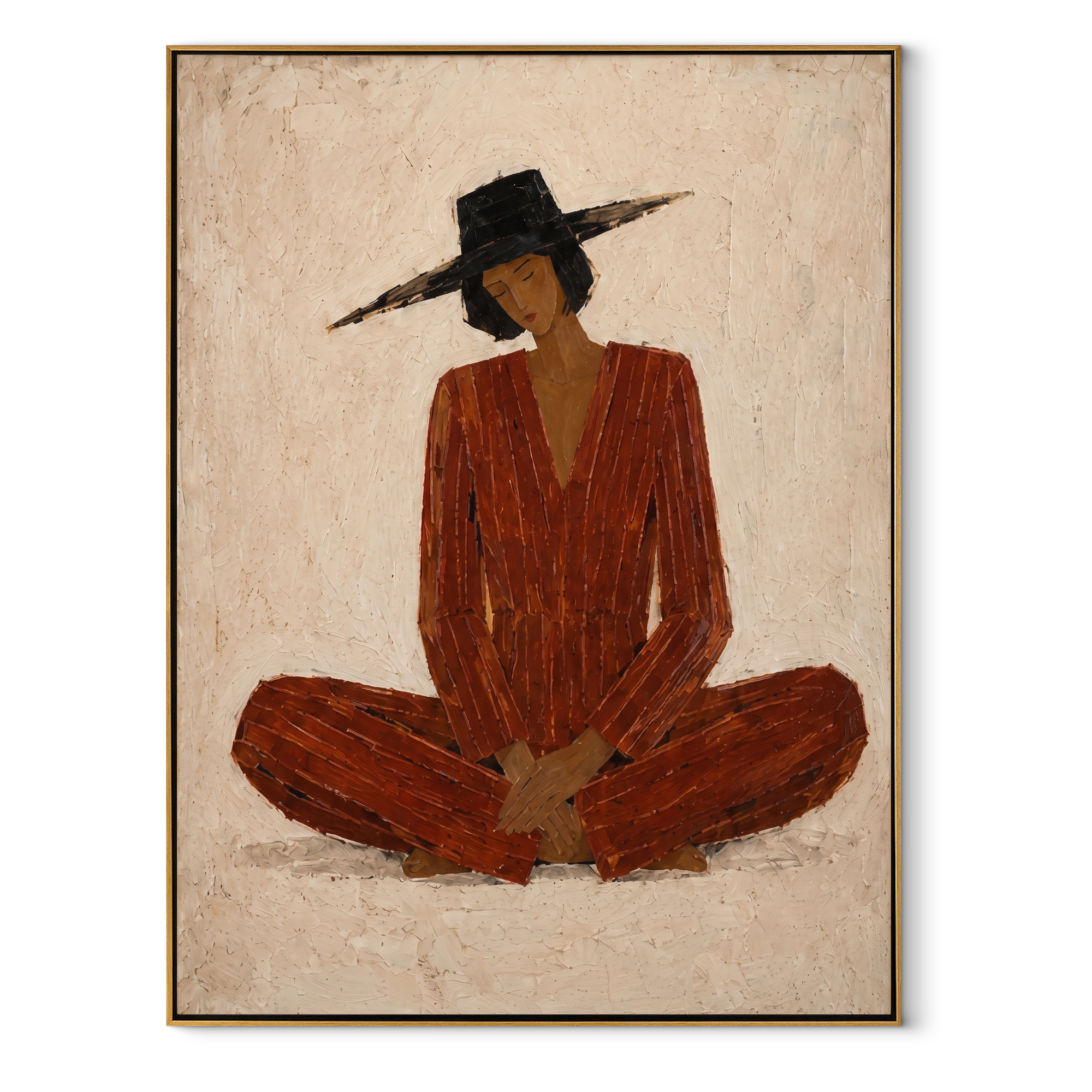 Rust Stillness Sits in White - Cross Legged Rust Figure painting by Adrian Lee, mid-century modern vertical wall art – wood frame on white background