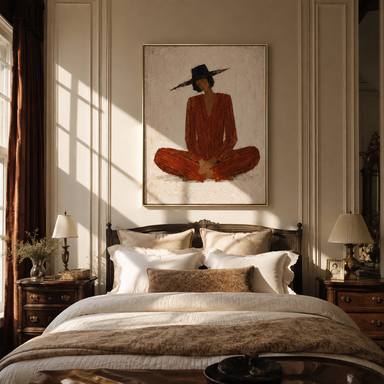 Rust Stillness Sits in White - Cross Legged Rust Figure painting by Adrian Lee, mid-century modern vertical wall art – styled room scene view 2