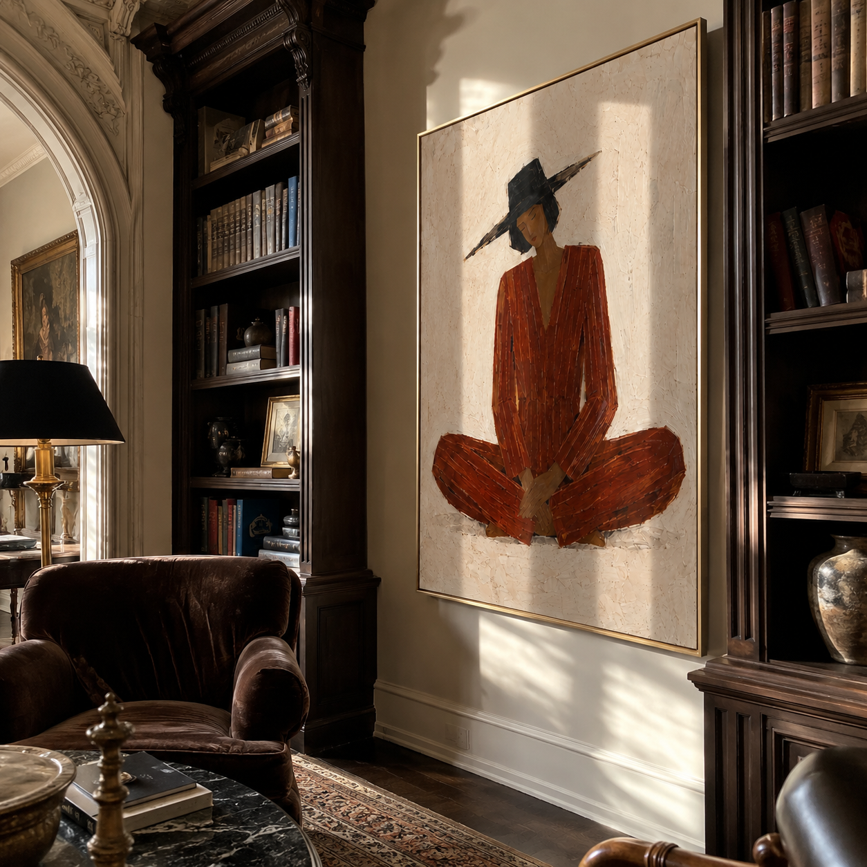 Rust Stillness Sits in White - Cross Legged Rust Figure painting by Adrian Lee, mid-century modern vertical wall art – styled room scene view 3