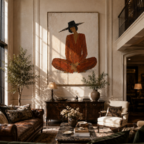 Rust Stillness Sits in White - Cross Legged Rust Figure painting by Adrian Lee, mid-century modern vertical wall art – styled room scene view 4