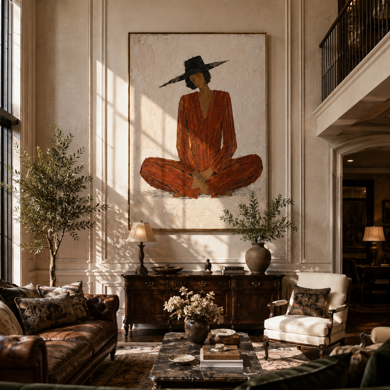 Rust Stillness Sits in White - Cross Legged Rust Figure painting by Adrian Lee, mid-century modern vertical wall art – styled room scene view 4