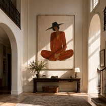 Rust Stillness Sits in White - Cross Legged Rust Figure painting by Adrian Lee, mid-century modern vertical wall art – styled room scene view 5