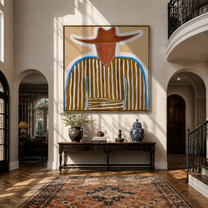 Blue Edge Traces Brown Stripes - Blue Trim Cowboy Portrait painting by Adrian Lee, mid-century modern square wall art – styled room scene view 1